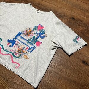 Vintage The Body Co Gray Floral Heart Graphic Crop Top T-Shirt Women XL